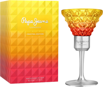 Pepe Jeans Cocktail Edition woda toaletowa. Żółto-czerwony flakon-kieliszek ze srebrną podstawą i teksturowane pudełko.