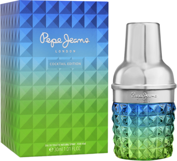 Woda toaletowa Pepe Jeans Cocktail męska w butelce shakerze i gradientowym pudełku. Niebiesko-zielone kolory, geometryczny wzór.