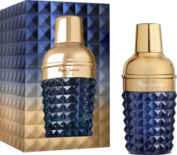 Pepe Jeans Celebrate woda perfumowana męska. Dwie niebieskie butelki z teksturowanym wzorem i złotą nakrętką, z pudełkiem.