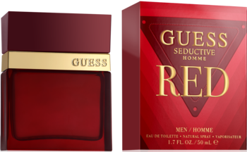 Czerwony flakon i pudełko Guess Seductive Homme Red, woda toaletowa męska ze złotym logo, widok z przodu.