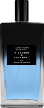Victorio & Lucchino N°9 Noche Enigmática woda toaletowa męska w czarno-niebieskiej butelce, widok z przodu.