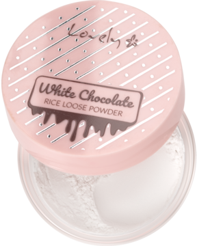 Matujący puder ryżowy Lovely White Chocolate w otwartym pojemniku, różowa nakrętka z teksturą, widok z góry.