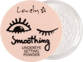 Lovely Smoothing Under Eye Setting Powder, różowe wieczko z grafiką oczu, widok z góry na biały puder.