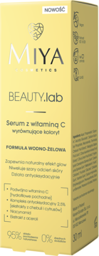 Miya Beauty.lab Serum z witaminą C do wyrównywania kolorytu, żółte opakowanie kartonowe, widok z przodu.