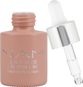 NAM Black Rose & Botox Like serum w matowej, brzoskwiniowej butelce z kroplomierzem, widok pod kątem.