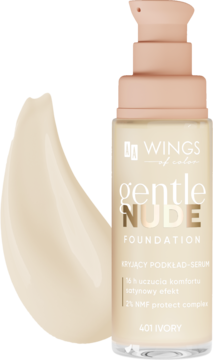 Kryjący podkład-serum Gentle Nude 401 Ivory w beżowej butelce z pompką, obok satynowy swatch.
