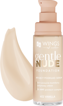 Podkład-serum Gentle Nude 402 Vanilla w beżowej butelce z pompką, z widoczną kremową teksturą obok.