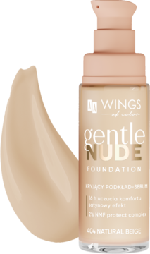 Kryjący podkład-serum Wings of Color Gentle Nude 404 Natural Beige, butelka z pompką i satynowy beżowy swatch.