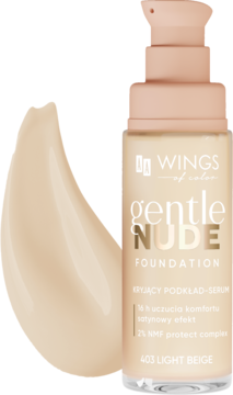 Wings of Color Gentle Nude podkład-serum 403 Light Beige ze swatch'em obok. Szklana butelka z pompką.