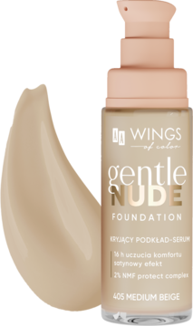 Podkład-serum Wings of Color Gentle Nude 405 Medium Beige, beżowa butelka z pompką, obok widoczny swatch.