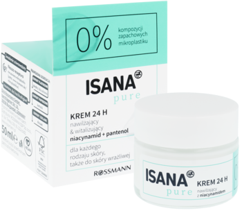 Isana Pure 24H krem nawilżający z niacynamidem, pantenolem; biały słoiczek obok otwartego pudełka teal.