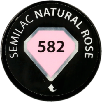 Czarna nakrętka lakieru hybrydowego Semilac Natural Rose 582 z różowym diamentem i numerem, widok z góry.