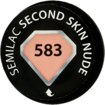 Okrągłe wieczko lakieru Semilac Second Skin Nude 583, z beżowym kolorem w diamentowym centrum, na czarnym tle.