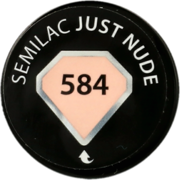 Zbliżenie na czarne wieczko lakieru Semilac Just Nude 584, z beżowym rombem i białym napisem.