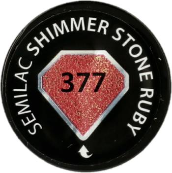 Zbliżenie na czarną nakrętkę lakieru Semilac Shimmer Stone Ruby 377 z rombem brudnego różu i złotymi drobinami.