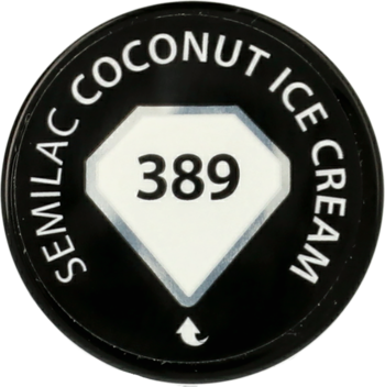 Czarne wieczko lakieru hybrydowego Semilac Coconut Ice Cream 389 z białym środkiem, widok z góry.