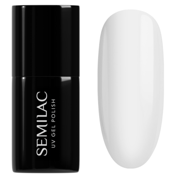 Biały Semilac UV Gel Polish, czarna butelka z białym napisem obok owalnego wzornika białego lakieru.