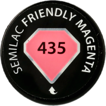 Zbliżenie na czarny korek lakieru hybrydowego Semilac Friendly Magenta 435, z różowym rombem.