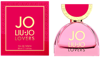 Hot pink Liu Jo Lovers Eau de Toilette box and light pink bottle, front view, with gold text, side by side.