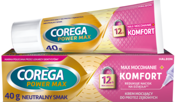 Dwa kremy Corega Power Max 40g do protez, złoto-różowe, ułożone jeden na drugim. Oferują 12h komfort i neutralny smak.