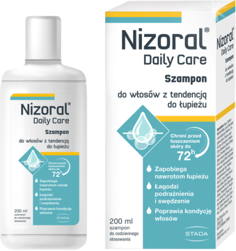 Nizoral Daily Care Szampon przeciwłupieżowy w białej butelce i kartonie, z niebieskimi detalami, widok z przodu.