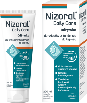 Nizoral Daily Care odżywka do włosów z tendencją do łupieżu w białej tubce i pudełku obok siebie.