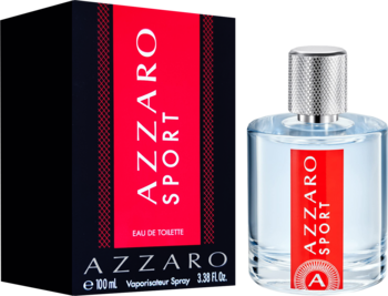 Azzaro Sport męska woda toaletowa 100ml: ciemne pudełko z czerwonym paskiem i butelka z czerwoną etykietą, widok z przodu.
