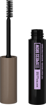 Otwarta maskara do brwi Maybelline Express Brow w czarnej tubie z brązową nakrętką i widoczną szczoteczką.