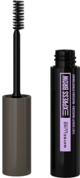 Maybelline Express Brow modelująca maskara, czarna tuba z fioletową etykietą i wysuniętą szczoteczką.