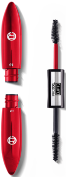 Czerwony tusz L'Oréal PRO XXL LIFT, rozłożony, z dwiema czarnymi szczoteczkami. Widok produktu z przodu.