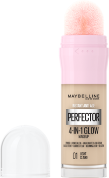 Maybelline Instant Perfector 4-in-1 Glow makeup 01 Light, beżowa butelka z różowym aplikatorem, przód.
