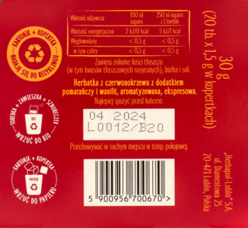 Czerwony tył opakowania herbaty rooibos 30g z wanilią i pomarańczą, widoczna data ważności i kod kreskowy.