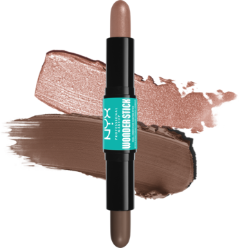 NYX Wonderstick Dual Face Lift: dwustronny sztyft do konturowania i rozświetlania na swatchach brązu.