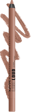 NYX Line Loud Lip Liner w beżowo-brązowym odcieniu, matowy, pionowo, z smugami koloru obok.
