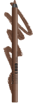 NYX Line Loud Lip Liner brązowy, matowy ołówek do ust ze swatche, widok pionowy, widoczny napis Line Loud.