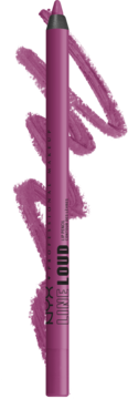Matowa purpurowa konturówka NYX Line Loud do ust z widoczną ostrą końcówką, na tle fioletowych swatches.