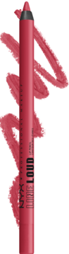 NYX Line Loud Lip Liner w intensywnym odcieniu różu, pionowy widok, z grubymi swatchami. Matowy, wodoodporny.