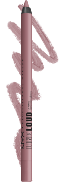NYX Line Loud Lip Pencil w odcieniu dusty rose, matowe wykończenie. Widoczny z boku, ze swatche obok.