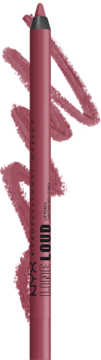 Kredka do ust NYX Line Loud w kolorze dusty rose, widok pionowy, z kremowymi swatchami na białym tle.