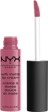 NYX Soft Matte Lip Cream w odcieniu pudrowego różu, butelka z wyjętym aplikatorem, widok z przodu.