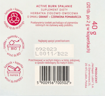 Tył opakowania herbatki ACTIVE BURN SPALANIE 40g (granat, pomarańcza), widoczny kod kreskowy i recykling.