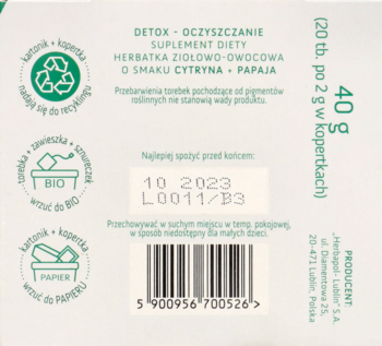 Tył białego opakowania suplementu diety Detoks, herbatka ziołowo-owocowa cytryna+papaja, z datą i kodem.