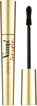 Złota mascara PUPA Vamp! Forever, wodoodporna, o dużej objętości, z widoczną czarną szczoteczką.