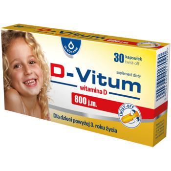 D-Vitum 800 j.m. witamina D dla dzieci, żółto-niebieskie pudełko z uśmiechniętą dziewczynką, widok pod kątem.