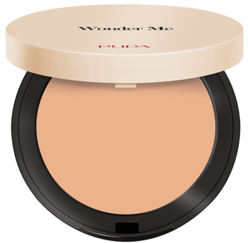 Puder Pupa Wonder Me Powder-No-Powder w otwartym beżowym opakowaniu, z logo PUPA na wieczku.