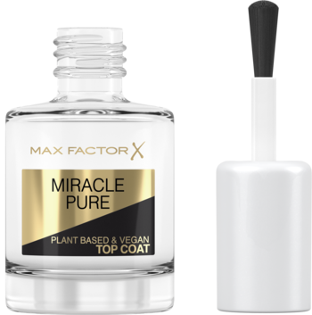 Max Factor Miracle Pure wegański top coat, bezbarwny lakier do paznokci z białym aplikatorem, widok butelki z przodu.