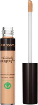 Wegański korektor Miss Sporty Naturally Perfect nawilżający, beżowa butelka z aplikatorem obok.