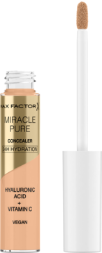 Max Factor Miracle Pure korektor w beżowej butelce ze złotą nakrętką, wyjęty biały aplikator z beżową końcówką.
