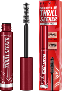 Rimmel Thrill Seeker Extreme Black mascara z otwartą czerwoną tubą i szczoteczką klepsydrą, obok pudełko.