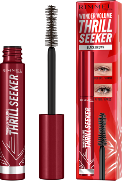 Rimmel Wonder Volume Thrill Seeker mascara w odcieniu Black Brown. Dwa czerwone opakowania, jedno z wyciągniętą szczoteczką.